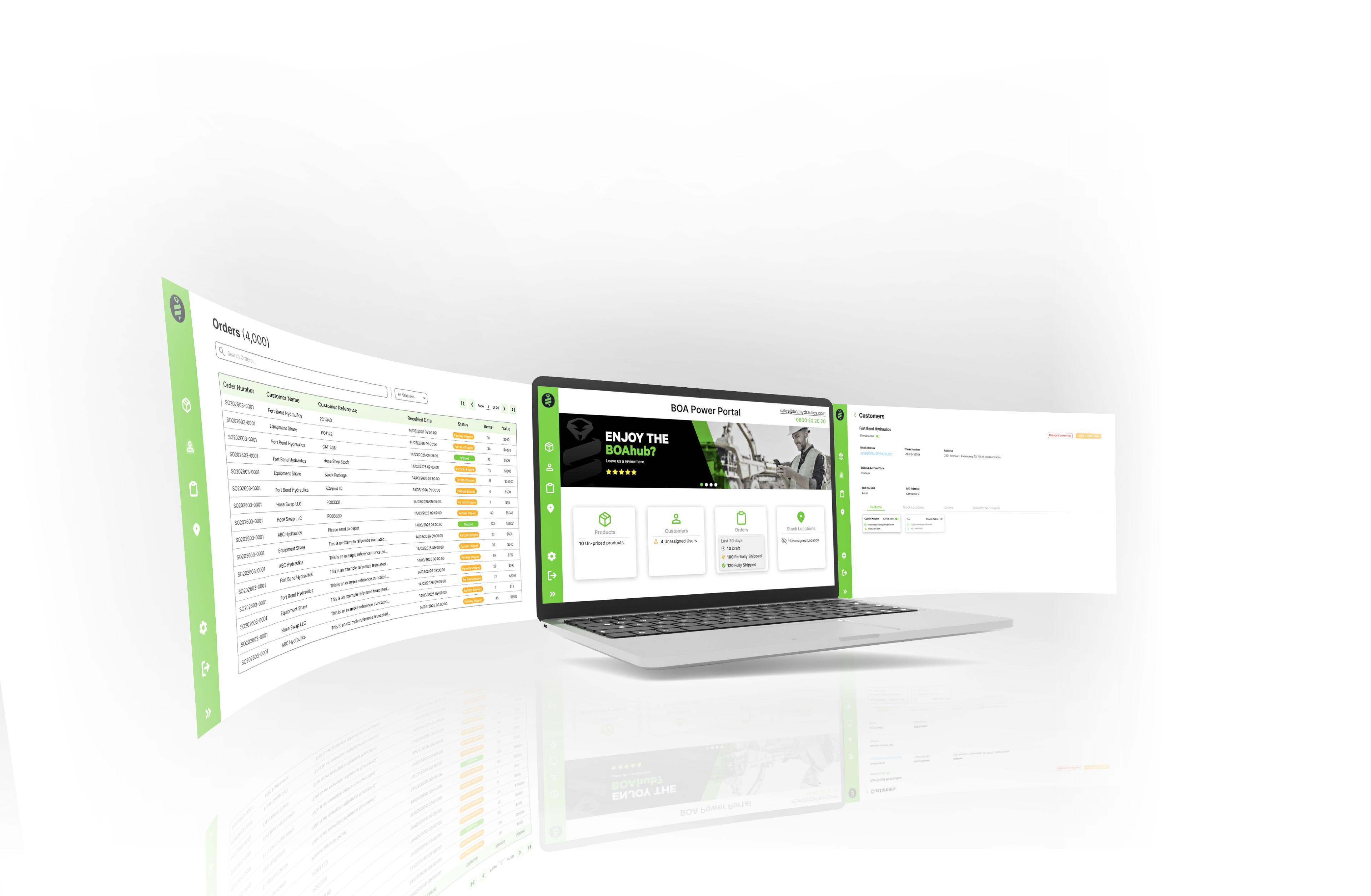 Preview of the Power Portal orders, dashboard and customer screens